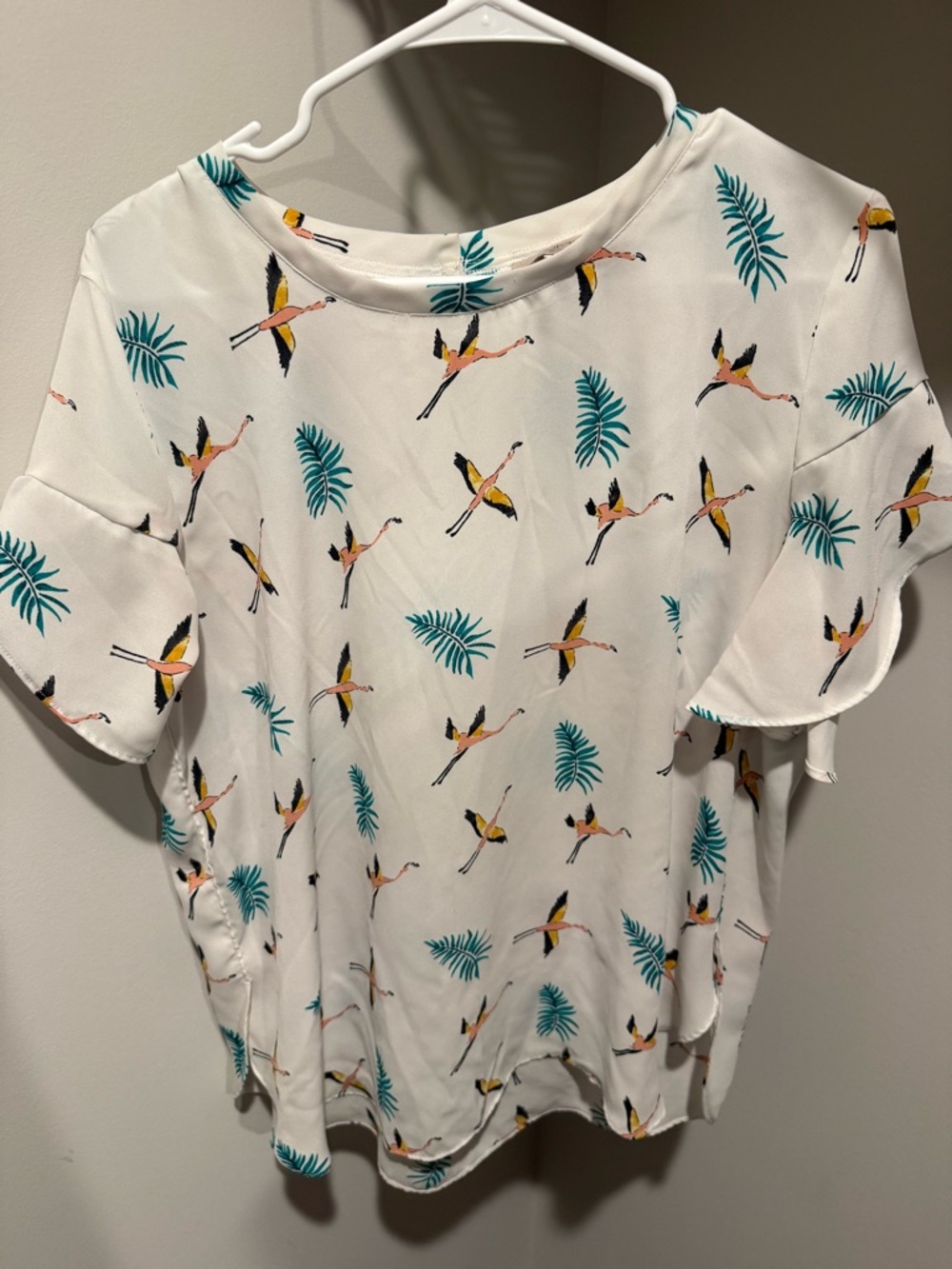 LOFT White Tropical Flamingo Print Short Sleeve Blouse